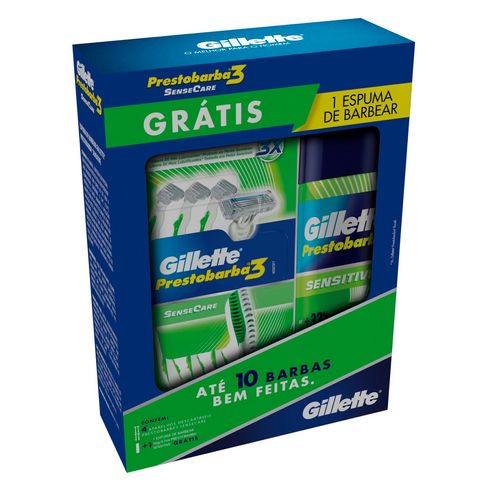 Kit Gillette Prestobarba 3 Sensecare Com 4 Unidades Grátis Espuma de Barbear