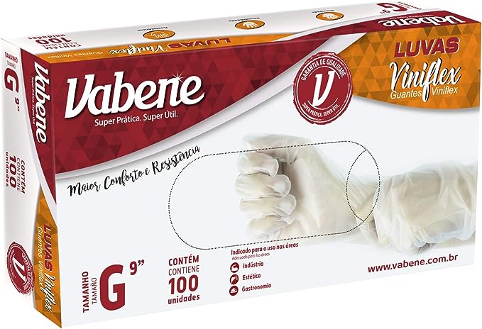 Luva Vinil Sem Pó Transparente G Vabene Com 100 Unidades