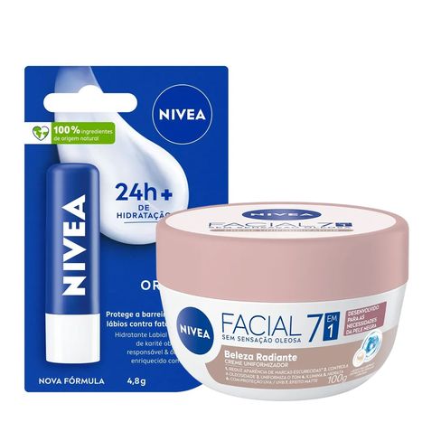 Kit Nivea Hidratante Labial Original Care 4,8g + Hidratante Facial Beleza Radiante 7 em 1 100g
