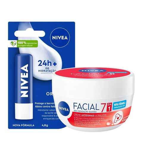 Kit Nivea Hidratante Labial Original Care 4,8g + Hidratante Facial Antissinais 7 em 1 100g Kit Nivea Hidratante Labial Original Care 4,8g + Hidratante Facial Nutritivo 7 em 1 100g