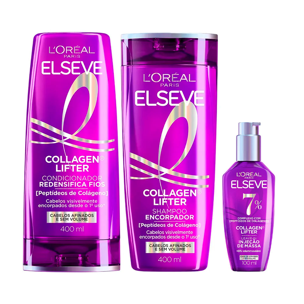 Kit Elseve Shampoo 400ml + Condicionador 400ml + Leave-In 100ml Colágeno Lifter
